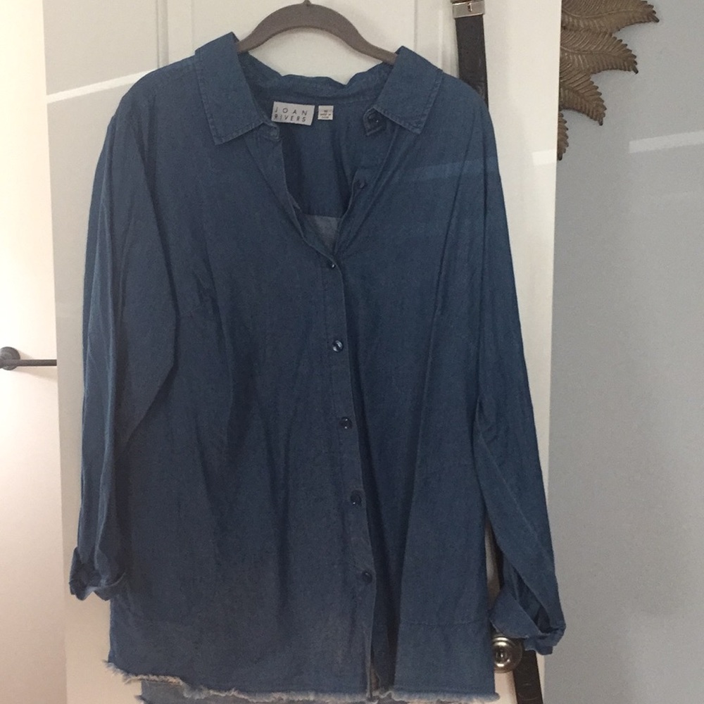Joan Rivers denim Blouse fringe at bottom